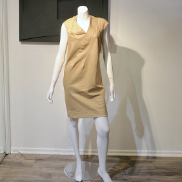 Vintage Tan Twill Asymmetric Pleat Sheath Dress - Picture 2 of 7